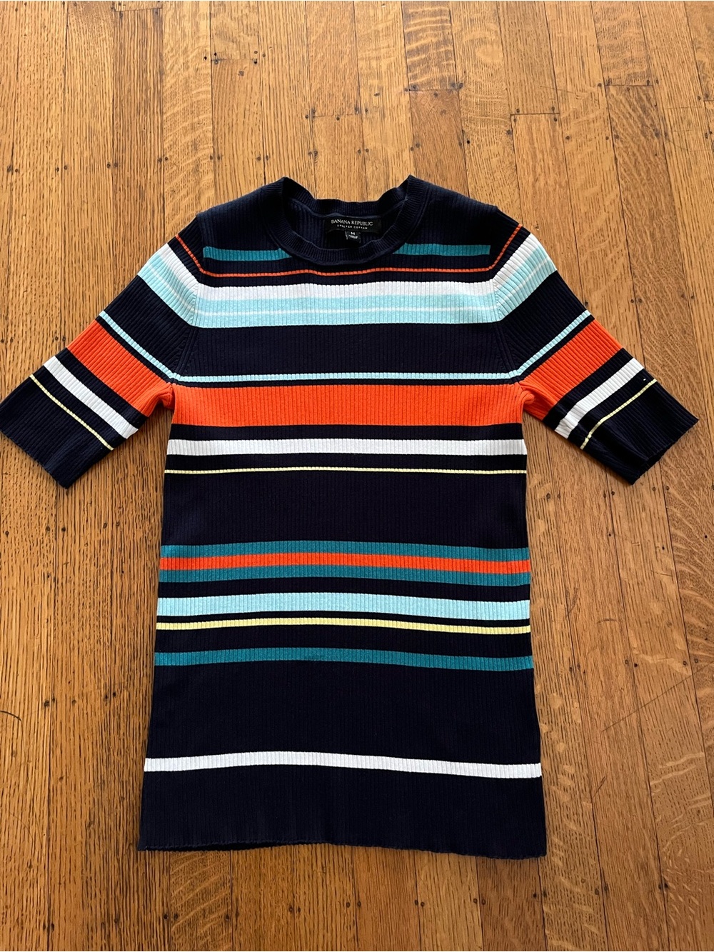 Banana Republic Navy Crewneck Sweater with Orange, Teal & White Stripes
